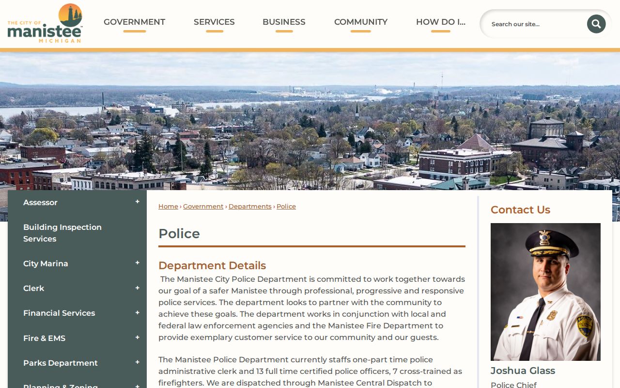 Official Manistee City Police Department page with department contact and service information