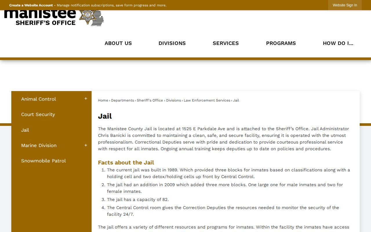 Manistee County Jail official arrest and custody information page