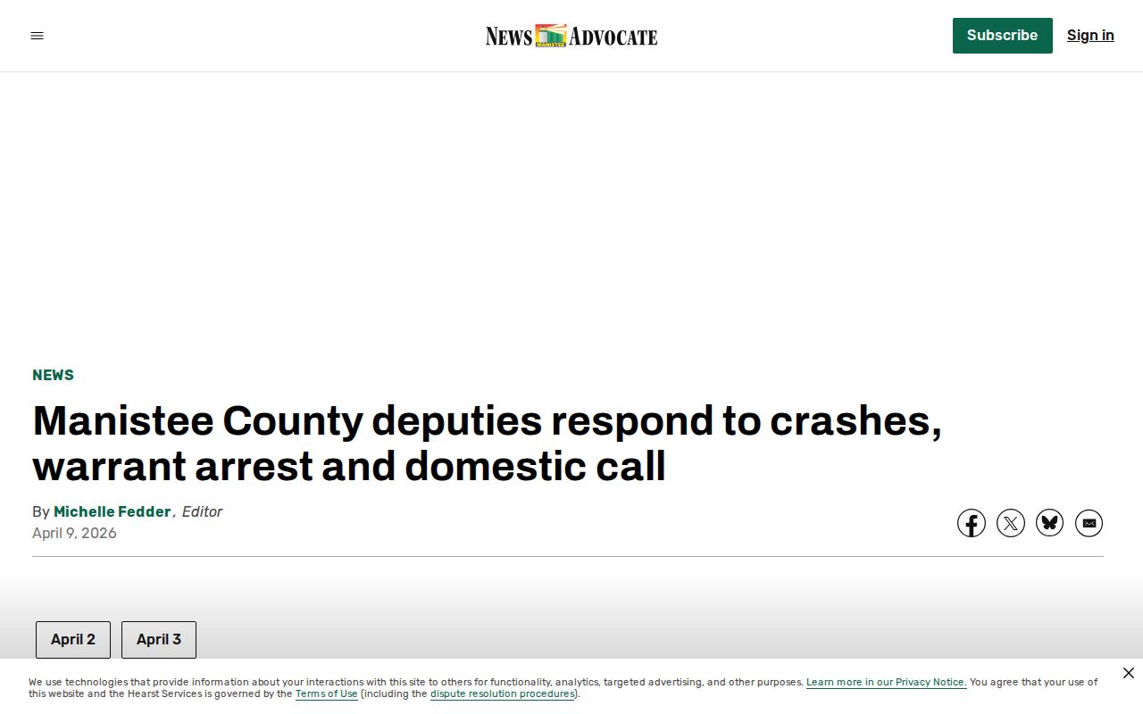 Manistee County sheriff complaint log example for multi-day arrest research